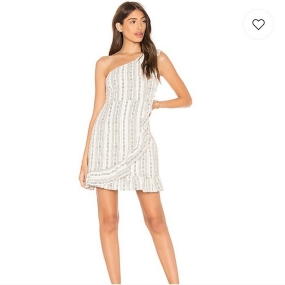 Line and Dot Black White Stripe Edna One Shoulder Linen Ruffle Mini Dress
